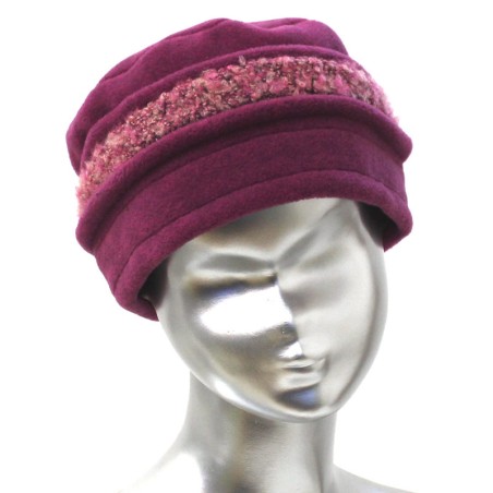 Chapeau, toque femme en polaire, Fushia avec 2 bandeaux amovibles en bouclette, 2 hauteurs possibles. Fabrication Française.