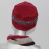 Chapeau, toque femme en polaire, rouge avec 2 bandeaux amovibles en bouclette, 2 hauteurs possibles. Fabrication Française.