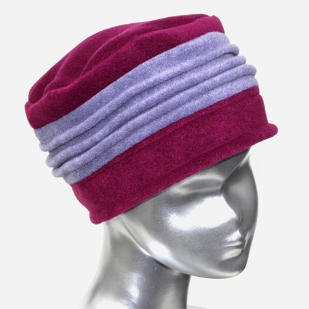 Chapeau, toque femme bicolore, Fushia et lavande en polaire. 3 plis. Taille unique. Fabrication française.