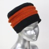 Chapeau, toque femme bicolore, noire et orange en polaire. 2 plis. Taille unique. Fabrication française.